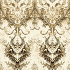 beige, cream, brown, sepia, dragon heads, ornate scrollwork, baroque pattern, damask design, mythical creatures, vintage style, aged texture, repeating motif,, fabric panel, decorative flourishes, royal pattern, antique finish, symmetrical design, fantasy theme