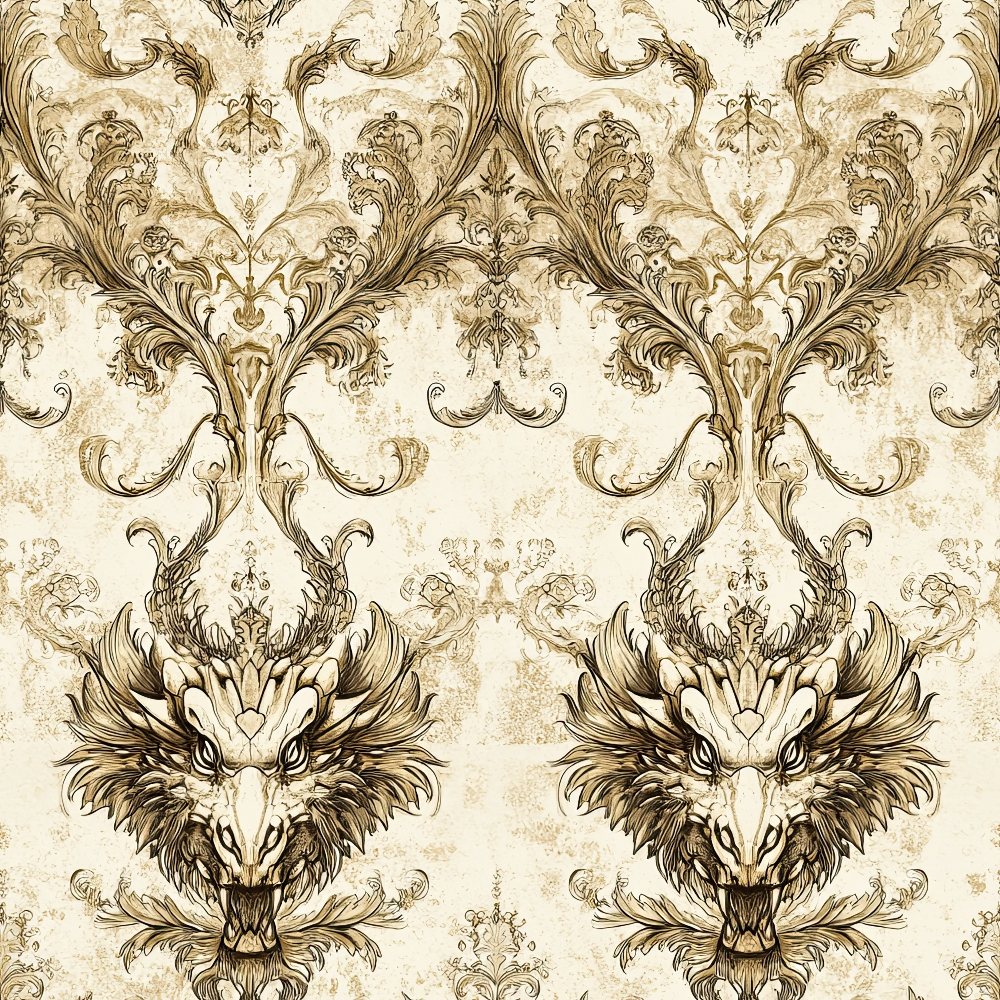 beige, cream, brown, sepia, dragon heads, ornate scrollwork, baroque pattern, damask design, mythical creatures, vintage style, aged texture, repeating motif,, fabric panel, decorative flourishes, royal pattern, antique finish, symmetrical design, fantasy theme