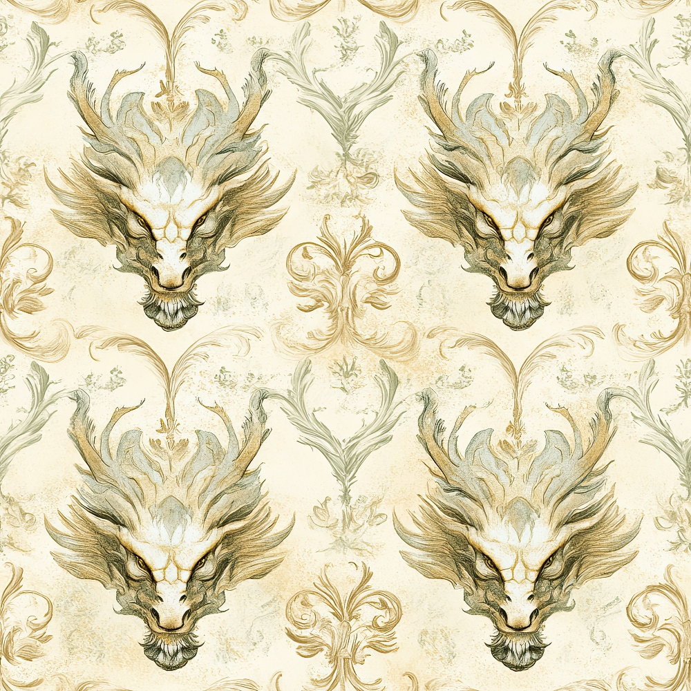 dragons, mythical creatures, cream background, gold accents, olive green, sage green, ornate scrollwork, baroque flourishes, fantasy art, regal pattern, decorative motifs,, fabric panel, intricate details, antique style, damask elements, flowing curves, majestic beasts, vintage aesthetic, repeating design
