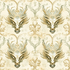 dragons, mythical creatures, cream background, gold accents, olive green, sage green, ornate scrollwork, baroque flourishes, fantasy art, regal pattern, decorative motifs,, fabric panel, intricate details, antique style, damask elements, flowing curves, majestic beasts, vintage aesthetic, repeating design