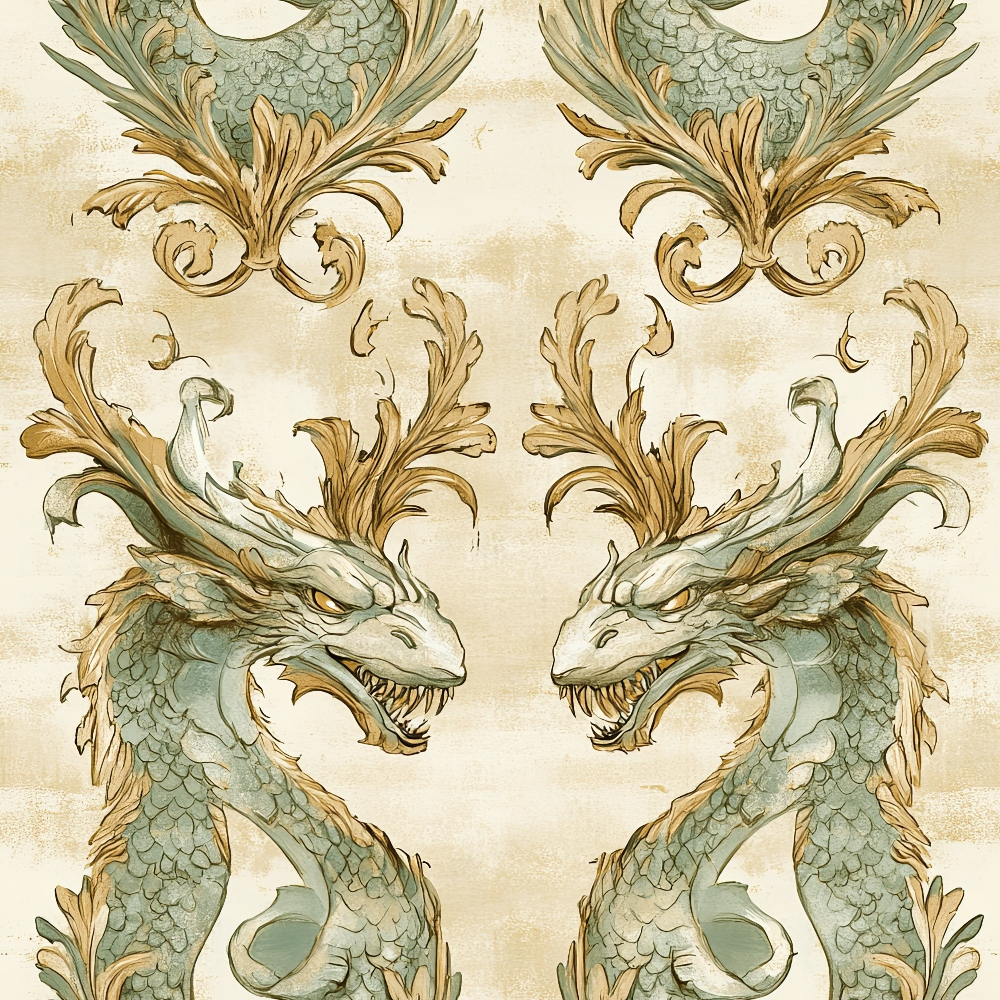 dragon motif, baroque ornament, sage green, antique gold, cream background, mythical creatures, ornate scrollwork, vintage style, decorative flourishes,, fabric panel, fantasy theme, acanthus leaves, serpentine design, weathered texture, symmetrical pattern, gothic revival, ornamental dragons, scaly texture, flowing curves
