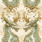 dragon motif, baroque ornament, sage green, antique gold, cream background, mythical creatures, ornate scrollwork, vintage style, decorative flourishes,, fabric panel, fantasy theme, acanthus leaves, serpentine design, weathered texture, symmetrical pattern, gothic revival, ornamental dragons, scaly texture, flowing curves