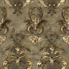 dragons, baroque pattern, ornate scrollwork, golden brown, taupe, sepia tones, mythical creatures, damask style, decorative flourishes,, fabric panel, vintage aesthetic, intricate details, repetitive motif, fantasy theme, medieval inspired, textured background, flowing curves, regal design, antique finish