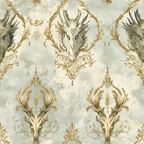 dragon heads, ornate scrollwork, sage green, antique gold, cream background, baroque pattern, mythical creatures, decorative flourishes, vintage wallpaper style, damask design,, fabric panel, repetitive motif, fantasy theme, elegant ornamentation, muted pastels, royal aesthetic, textile art