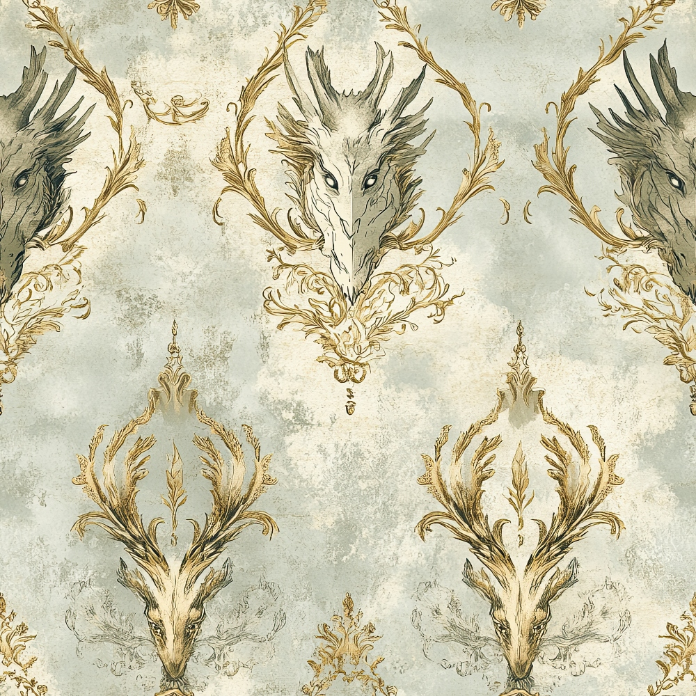dragon heads, ornate scrollwork, sage green, antique gold, cream background, baroque pattern, mythical creatures, decorative flourishes, vintage wallpaper style, damask design,, fabric panel, repetitive motif, fantasy theme, elegant ornamentation, muted pastels, royal aesthetic, textile art