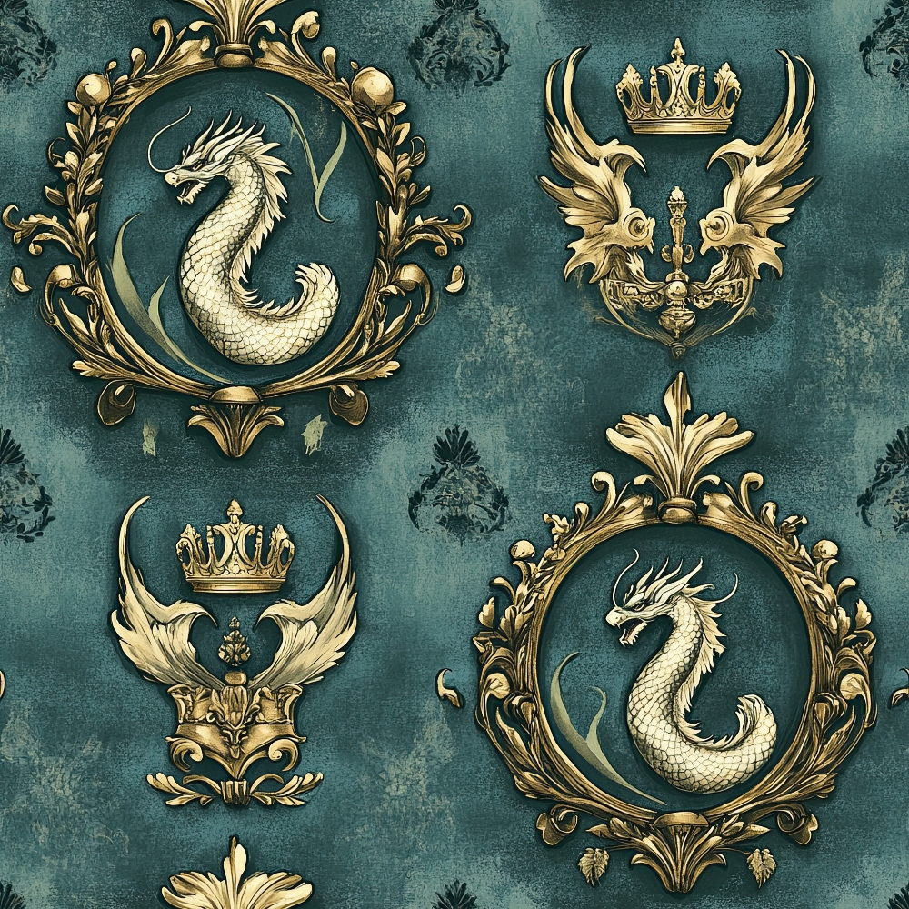 dragon motifs, ornate frames, baroque style, teal background, gold embellishments, royal crowns, winged crests, decorative scrollwork, serpentine creatures,, fabric panel, regal atmosphere, vintage inspired, heraldic symbols, ornamental borders, jewel tones, mythical beasts, gothic elements, luxurious design
