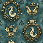 dragon motifs, ornate frames, baroque style, teal background, gold embellishments, royal crowns, winged crests, decorative scrollwork, serpentine creatures,, fabric panel, regal atmosphere, vintage inspired, heraldic symbols, ornamental borders, jewel tones, mythical beasts, gothic elements, luxurious design