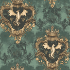 sage green, teal, gold, bronze, dragons, winged creatures, royal crowns, heraldic shields, baroque ornaments, damask patterns, floral scrollwork, regal motifs, vintage style, ornate frames,, fabric panel, medieval fantasy, decorative crests, antique finish, gothic elements