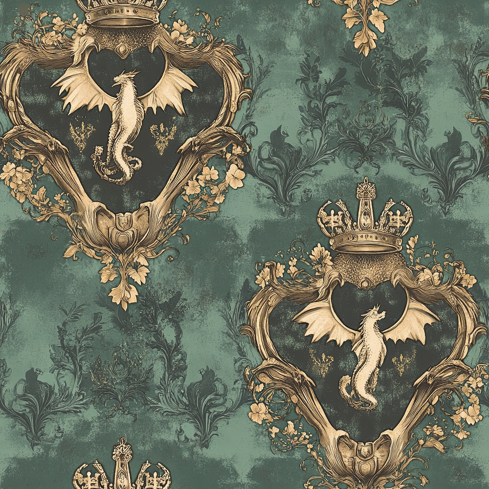 sage green, teal, gold, bronze, dragons, winged creatures, royal crowns, heraldic shields, baroque ornaments, damask patterns, floral scrollwork, regal motifs, vintage style, ornate frames,, fabric panel, medieval fantasy, decorative crests, antique finish, gothic elements