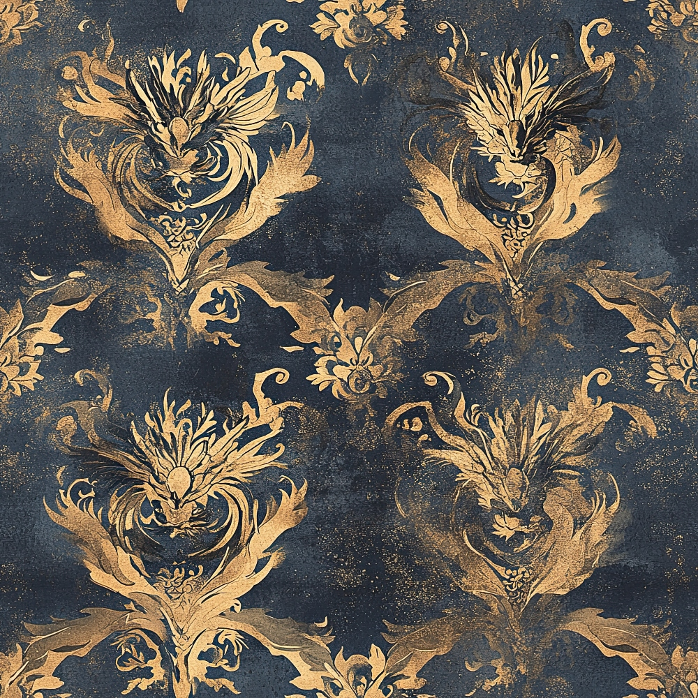 navy blue, gold, damask pattern, dragon motifs, ornate scrollwork, baroque style, metallic accents, vintage texture,, fabric panel, mythical creatures, decorative flourishes, regal design, distressed finish, heraldic elements, luxurious pattern, gothic influence, repeating motif