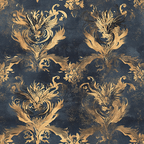 navy blue, gold, damask pattern, dragon motifs, ornate scrollwork, baroque style, metallic accents, vintage texture,, fabric panel, mythical creatures, decorative flourishes, regal design, distressed finish, heraldic elements, luxurious pattern, gothic influence, repeating motif