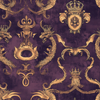 purple, gold, dragons, crowns, heraldic shields, royal emblems, ornate scrollwork, medieval motifs, regal pattern, fantasy creatures, baroque style, luxurious, decorative elements,, fabric panel, majestic, intricate details, serpentine dragons, coat of arms, vintage inspired