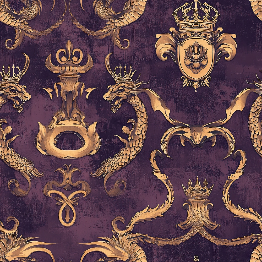 purple, gold, dragons, crowns, heraldic shields, royal emblems, ornate scrollwork, medieval motifs, regal pattern, fantasy creatures, baroque style, luxurious, decorative elements,, fabric panel, majestic, intricate details, serpentine dragons, coat of arms, vintage inspired
