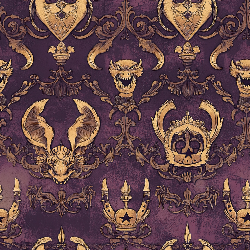 purple, gold, heraldic crests, medieval shields, crowns, dragons, ornate scrollwork, baroque flourishes, regal motifs,, fabric panel, gothic style, royal emblems, decorative wings, vintage damask, repeating pattern, luxurious design, fantasy creatures, ornamental borders