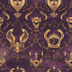 purple, gold, heraldic crests, medieval shields, crowns, dragons, ornate scrollwork, baroque flourishes, regal motifs,, fabric panel, gothic style, royal emblems, decorative wings, vintage damask, repeating pattern, luxurious design, fantasy creatures, ornamental borders
