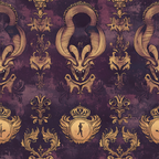 purple, burgundy, gold, bronze, dragons, mythical creatures, ornate crowns, fleur-de-lis, baroque scrollwork, royal heraldry, gothic fantasy, winged emblems, decorative motifs,, fabric panel, vintage texture, regal pattern, fantasy theme, ornamental design, repeating pattern