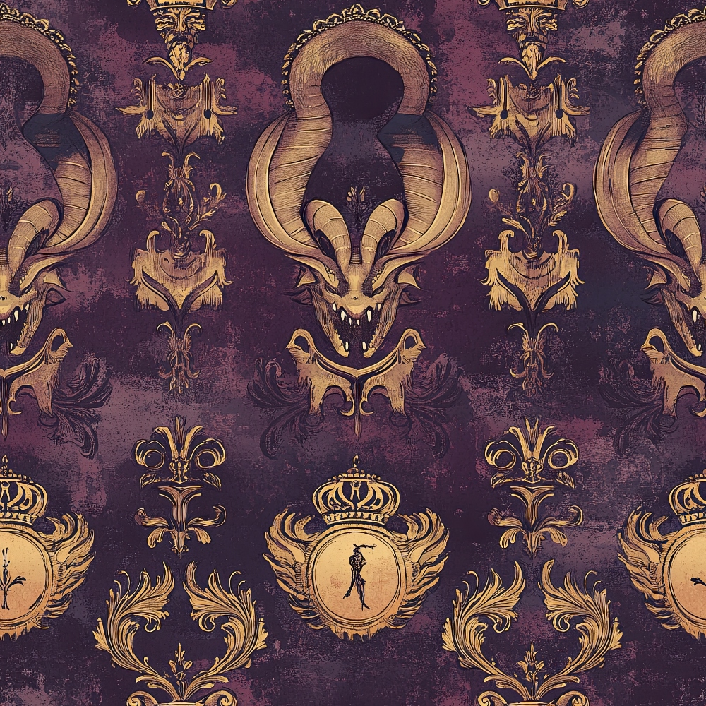 purple, burgundy, gold, bronze, dragons, mythical creatures, ornate crowns, fleur-de-lis, baroque scrollwork, royal heraldry, gothic fantasy, winged emblems, decorative motifs,, fabric panel, vintage texture, regal pattern, fantasy theme, ornamental design, repeating pattern