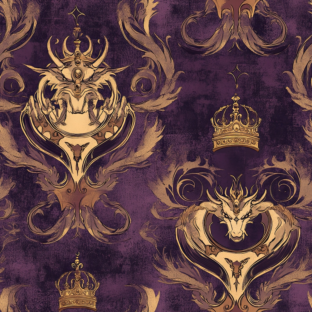 purple, gold, dragon heads, ornate crowns, baroque scrollwork, mythical creatures, regal pattern,, fabric panel, fantasy theme, decorative flourishes, royal motif, deep violet, antique gold, heraldic design, gothic style, majestic dragons, ornamental swirls, luxurious pattern, medieval inspired