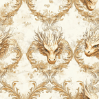 cream, beige, gold, brown, dragons, medieval creatures, ornate scrollwork, baroque flourishes, vintage style, distressed texture, mythical beasts, decorative swirls, aged parchment, fantasy theme,, fabric panel, intricate details, royal motifs, antique finish, seamless pattern