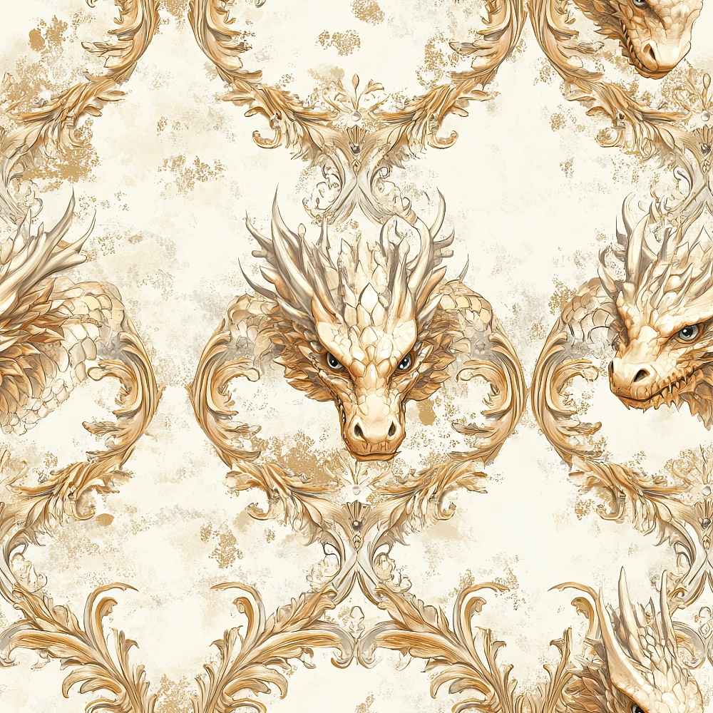 cream, beige, gold, brown, dragons, medieval creatures, ornate scrollwork, baroque flourishes, vintage style, distressed texture, mythical beasts, decorative swirls, aged parchment, fantasy theme,, fabric panel, intricate details, royal motifs, antique finish, seamless pattern