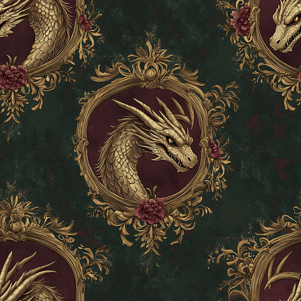 dragon, medieval, ornate frames, burgundy, forest green, gold, baroque scrollwork, fantasy creatures, decorative borders,, fabric panel, mythical beasts, vintage style, rich colors, scaled texture, gothic elements, floral accents, circular medallions, luxurious pattern, dark romantic