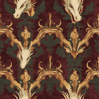 dragon heads, burgundy background, sage green, gold accents, cream colored, baroque pattern, ornate scrollwork, mythical creatures, fantasy theme, damask design,, fabric panel, decorative motifs, regal pattern, medieval style, reptilian features, flowing ornaments, rich colors, repeating pattern, textile design