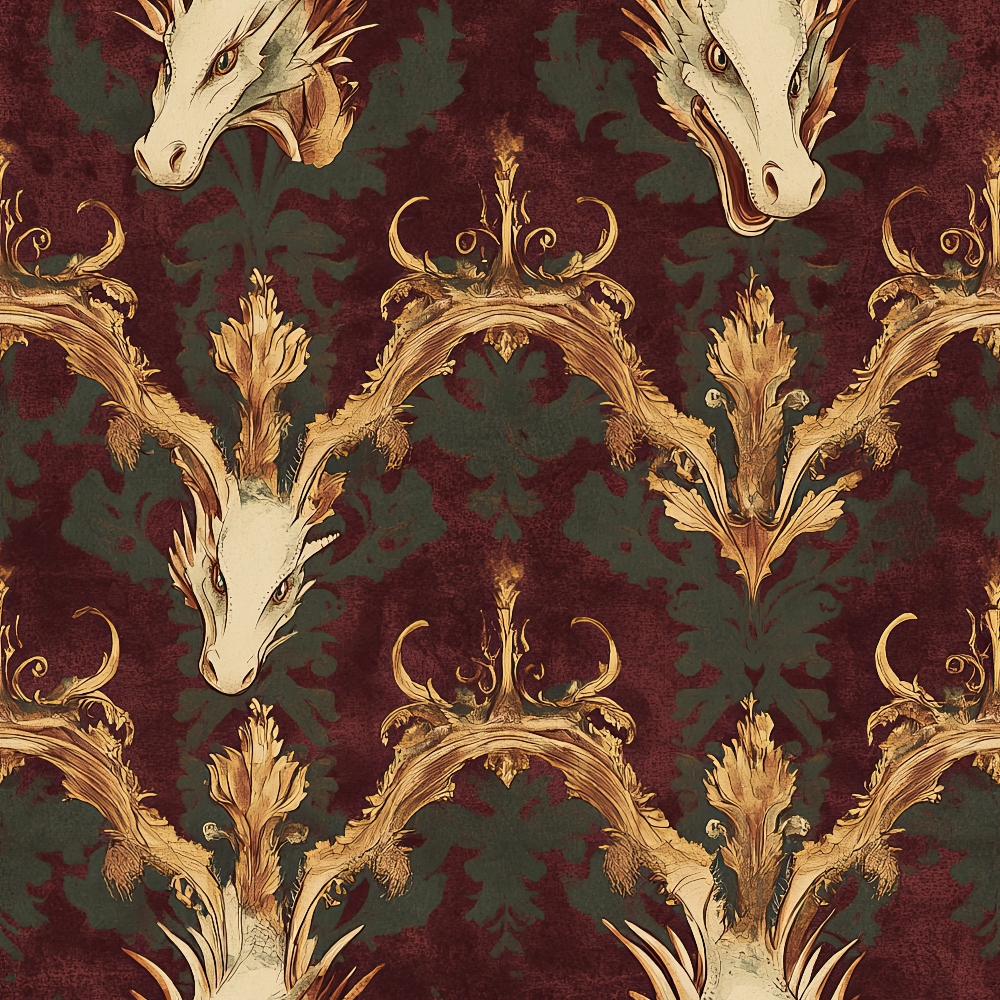 dragon heads, burgundy background, sage green, gold accents, cream colored, baroque pattern, ornate scrollwork, mythical creatures, fantasy theme, damask design,, fabric panel, decorative motifs, regal pattern, medieval style, reptilian features, flowing ornaments, rich colors, repeating pattern, textile design