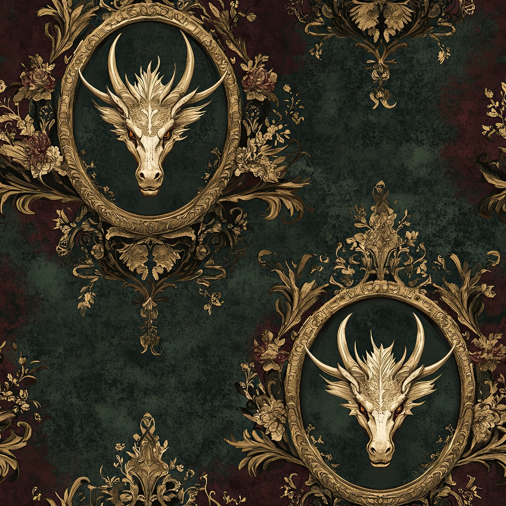 deep green, burgundy, gold, ornate frames, dragon heads, antlers, baroque style, floral motifs, gothic atmosphere,, fabric panel, mythical creatures, decorative scrollwork, vintage ornaments, dark fantasy, regal design, intricate details, damask pattern, luxurious texture
