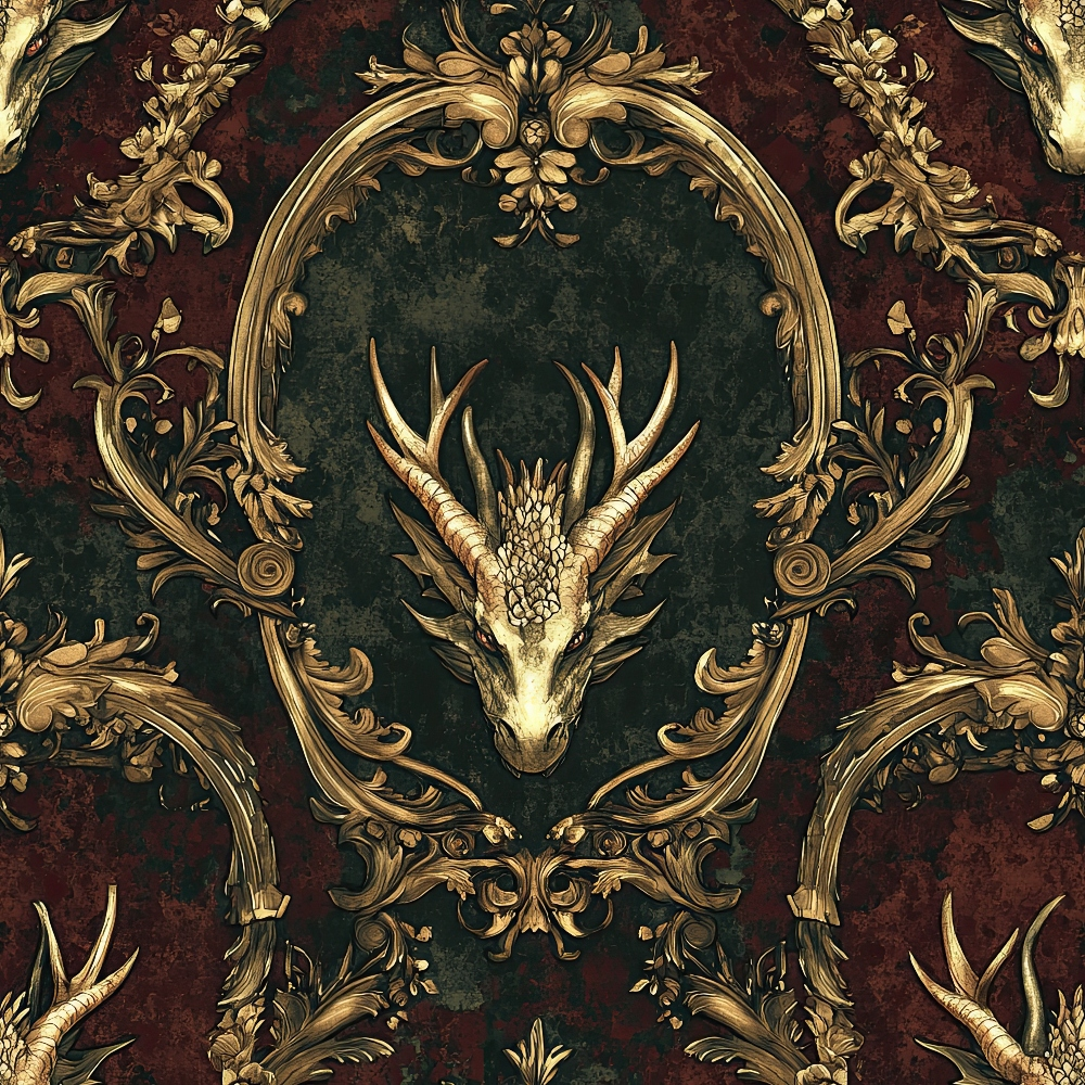 dragon head, antlers, ornate frame, baroque scrollwork, deep emerald, rich burgundy, golden accents, vintage damask, gothic fantasy, medieval heraldry,, fabric panel, ornamental border, mythical creature, dark romantic, decorative flourishes, regal pattern, fantasy motif