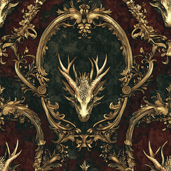 dragon head, antlers, ornate frame, baroque scrollwork, deep emerald, rich burgundy, golden accents, vintage damask, gothic fantasy, medieval heraldry,, fabric panel, ornamental border, mythical creature, dark romantic, decorative flourishes, regal pattern, fantasy motif