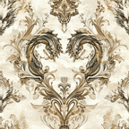 cream, beige, brown, gold, dragon motifs, baroque scrollwork, ornate flourishes, symmetrical pattern, fantasy creatures, regal design, decorative swirls, vintage ornamental, mythical beasts, elaborate detailing,, fabric panel, sophisticated palette, royal theme, intricate artwork, damask style