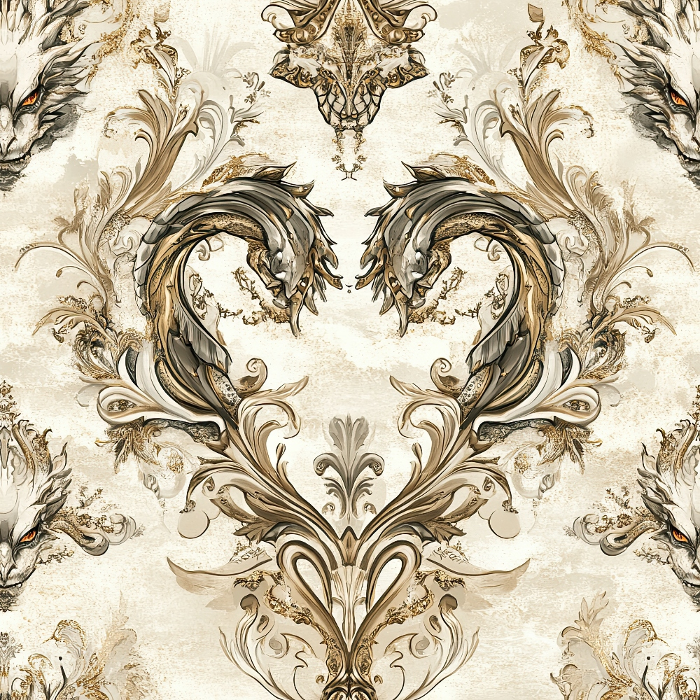 cream, beige, brown, gold, dragon motifs, baroque scrollwork, ornate flourishes, symmetrical pattern, fantasy creatures, regal design, decorative swirls, vintage ornamental, mythical beasts, elaborate detailing,, fabric panel, sophisticated palette, royal theme, intricate artwork, damask style