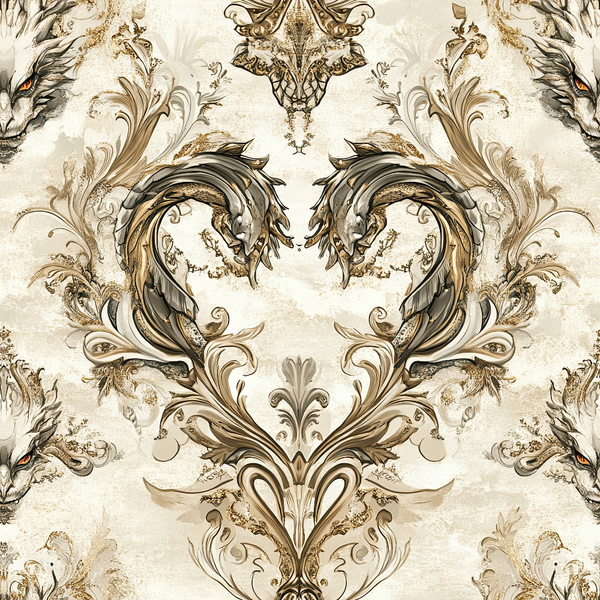 cream, beige, brown, gold, dragon motifs, baroque scrollwork, ornate flourishes, symmetrical pattern, fantasy creatures, regal design, decorative swirls, vintage ornamental, mythical beasts, elaborate detailing,, fabric panel, sophisticated palette, royal theme, intricate artwork, damask style