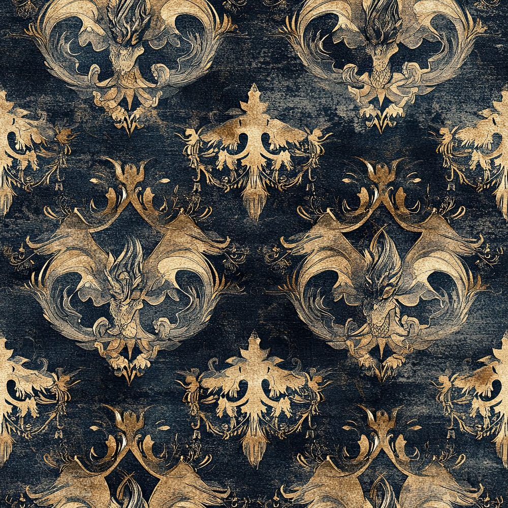 navy blue, gold, dragons, mythical creatures, ornate scrollwork, baroque pattern, regal motifs, vintage texture, distressed finish,, fabric panel, decorative flourishes, heraldic design, antique style, royal blue, bronze accents, fantasy creatures, repeating pattern, luxurious appearance, aged patina