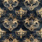navy blue, gold, dragons, mythical creatures, ornate scrollwork, baroque pattern, regal motifs, vintage texture, distressed finish,, fabric panel, decorative flourishes, heraldic design, antique style, royal blue, bronze accents, fantasy creatures, repeating pattern, luxurious appearance, aged patina