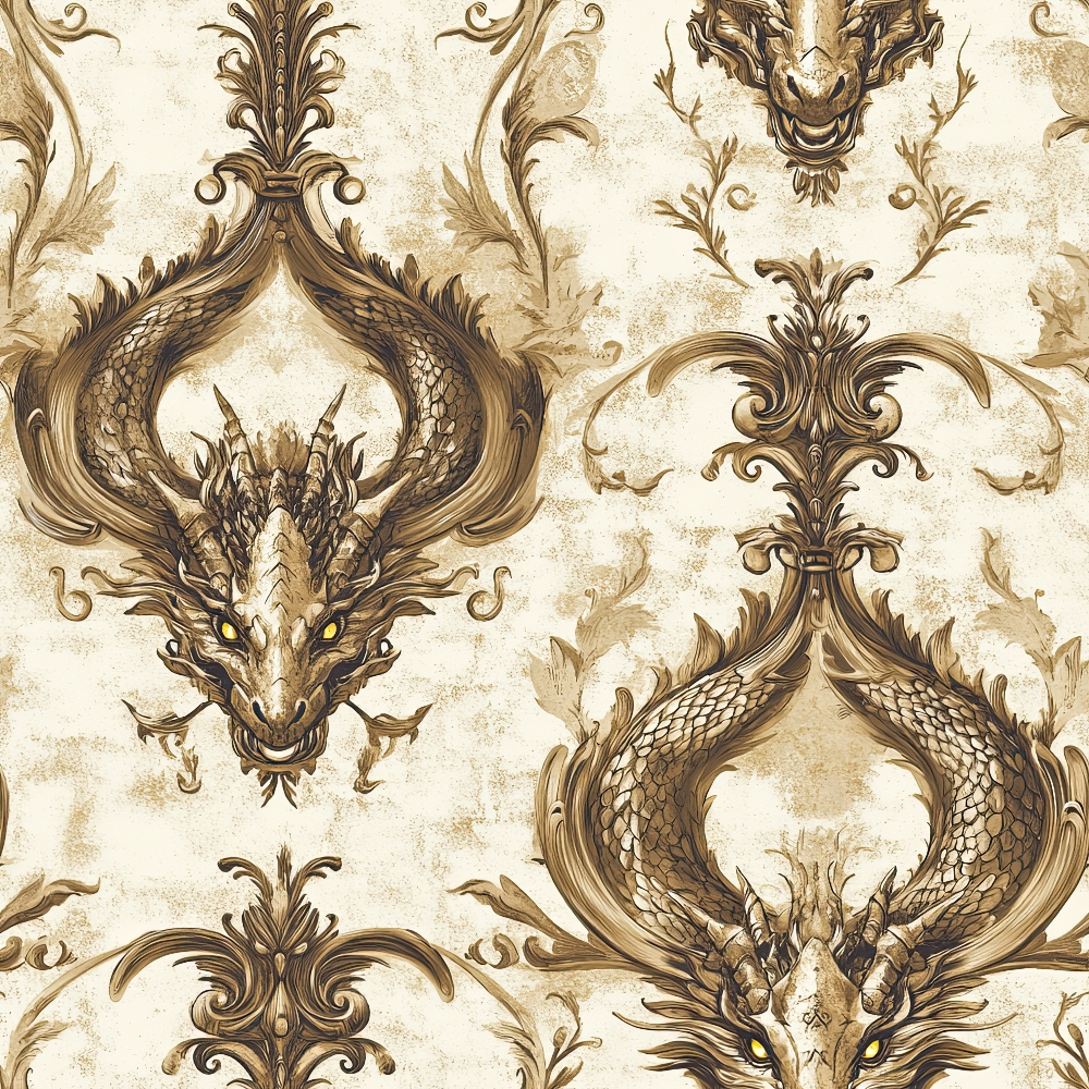 beige, cream, brown, sepia tones, dragons, ornate scrollwork, baroque pattern, damask design, mythical creatures, decorative flourishes, vintage style, elegant motifs, serpentine forms, scaled texture, royal theme,, fabric panel, ornamental design, fantasy elements, antique finish