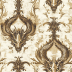 beige, cream, brown, sepia tones, dragons, ornate scrollwork, baroque pattern, damask design, mythical creatures, decorative flourishes, vintage style, elegant motifs, serpentine forms, scaled texture, royal theme,, fabric panel, ornamental design, fantasy elements, antique finish
