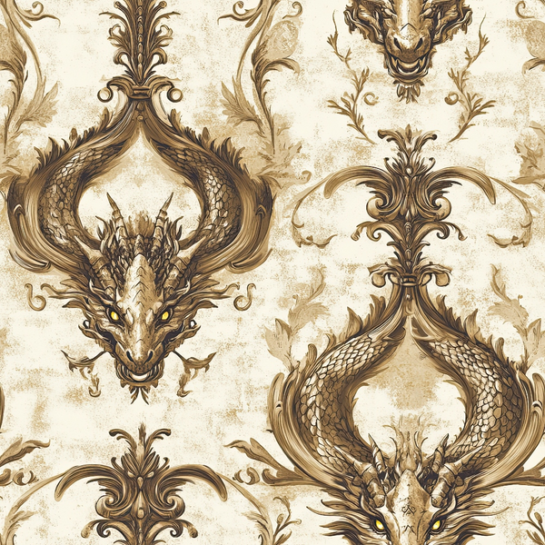 beige, cream, brown, sepia tones, dragons, ornate scrollwork, baroque pattern, damask design, mythical creatures, decorative flourishes, vintage style, elegant motifs, serpentine forms, scaled texture, royal theme,, fabric panel, ornamental design, fantasy elements, antique finish