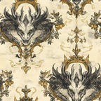 dragon heads, antlers, ornate frames, baroque pattern, cream background, gold accents, black ink style, fantasy creatures, decorative scrollwork, vintage damask,, fabric panel, gothic ornamental, mythical beasts, ornate borders, aged parchment, fleur-de-lis, royal motifs, repeating pattern, medieval inspired