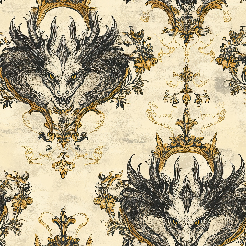 dragon heads, antlers, ornate frames, baroque pattern, cream background, gold accents, black ink style, fantasy creatures, decorative scrollwork, vintage damask,, fabric panel, gothic ornamental, mythical beasts, ornate borders, aged parchment, fleur-de-lis, royal motifs, repeating pattern, medieval inspired
