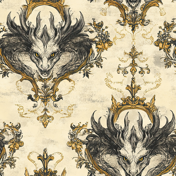 dragon heads, antlers, ornate frames, baroque pattern, cream background, gold accents, black ink style, fantasy creatures, decorative scrollwork, vintage damask,, fabric panel, gothic ornamental, mythical beasts, ornate borders, aged parchment, fleur-de-lis, royal motifs, repeating pattern, medieval inspired