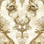 dragon heads, baroque ornaments, cream background, golden brown, sepia tones, ornate scrollwork, mythical creatures, vintage style, decorative flourishes,, fabric panel, symmetrical design, fantasy motif, elaborate details, antique finish, rococo elements, damask pattern, regal aesthetic