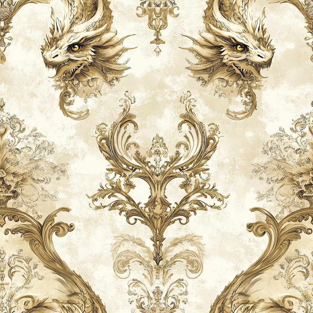 dragon heads, baroque ornaments, cream background, golden brown, sepia tones, ornate scrollwork, mythical creatures, vintage style, decorative flourishes,, fabric panel, symmetrical design, fantasy motif, elaborate details, antique finish, rococo elements, damask pattern, regal aesthetic