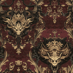 burgundy, maroon, gold, cream, black, damask pattern, dragon motifs, ornate scrollwork, baroque style, gothic design, mythical creatures, decorative flourishes, vintage wallpaper style, regal atmosphere,, fabric panel, ornamental design, luxurious pattern, medieval inspired, dark fantasy