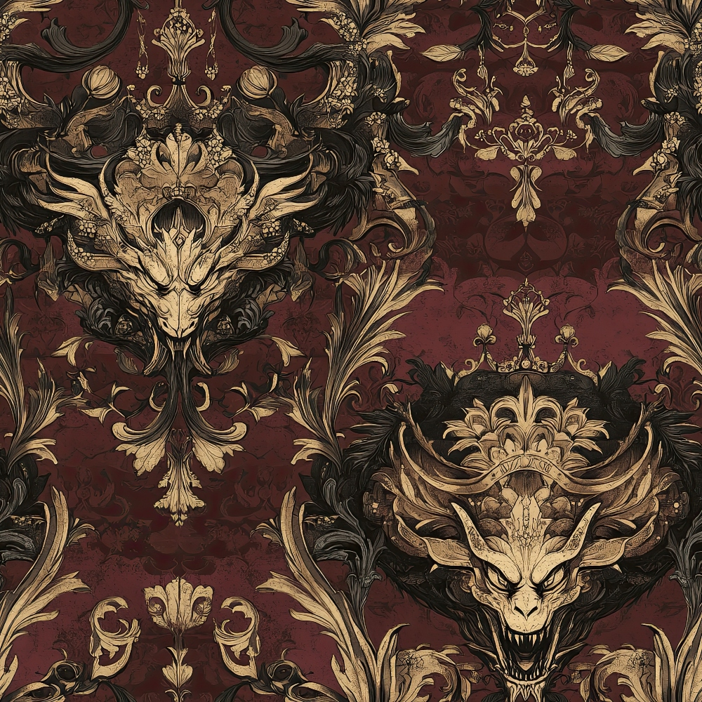 burgundy, maroon, gold, cream, black, damask pattern, dragon motifs, ornate scrollwork, baroque style, gothic design, mythical creatures, decorative flourishes, vintage wallpaper style, regal atmosphere,, fabric panel, ornamental design, luxurious pattern, medieval inspired, dark fantasy