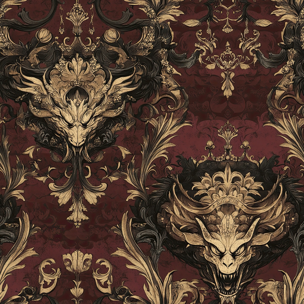 burgundy, maroon, gold, cream, black, damask pattern, dragon motifs, ornate scrollwork, baroque style, gothic design, mythical creatures, decorative flourishes, vintage wallpaper style, regal atmosphere,, fabric panel, ornamental design, luxurious pattern, medieval inspired, dark fantasy