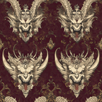 burgundy, maroon, cream, beige, dragons, mythical creatures, ornate details, decorative scrollwork, fantasy art, gothic style, medieval inspired, fierce expressions, scaled texture, horned creatures,, fabric panel, dark fantasy, intricate linework, repeating pattern, vintage aesthetic