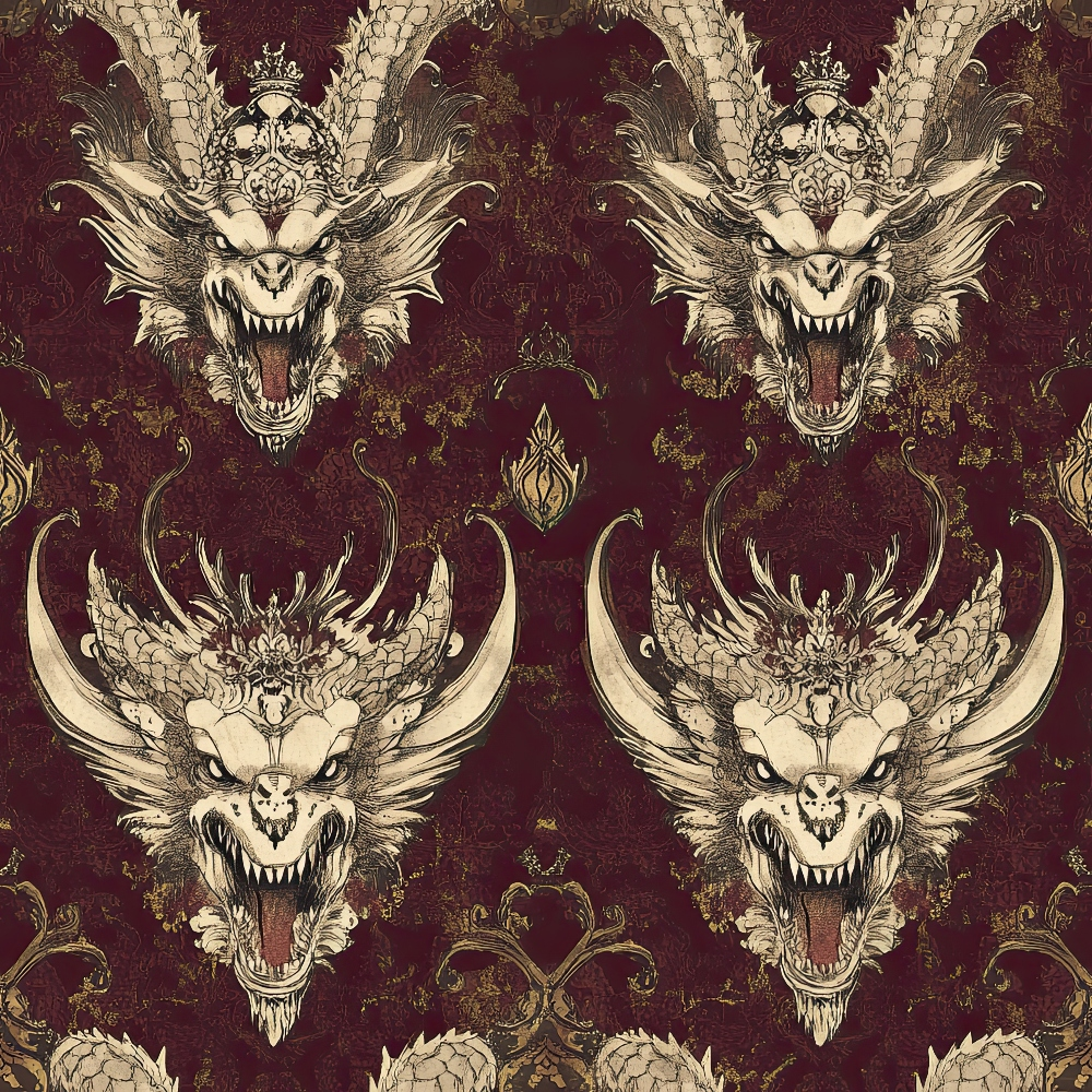 burgundy, maroon, cream, beige, dragons, mythical creatures, ornate details, decorative scrollwork, fantasy art, gothic style, medieval inspired, fierce expressions, scaled texture, horned creatures,, fabric panel, dark fantasy, intricate linework, repeating pattern, vintage aesthetic