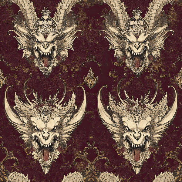 burgundy, maroon, cream, beige, dragons, mythical creatures, ornate details, decorative scrollwork, fantasy art, gothic style, medieval inspired, fierce expressions, scaled texture, horned creatures,, fabric panel, dark fantasy, intricate linework, repeating pattern, vintage aesthetic