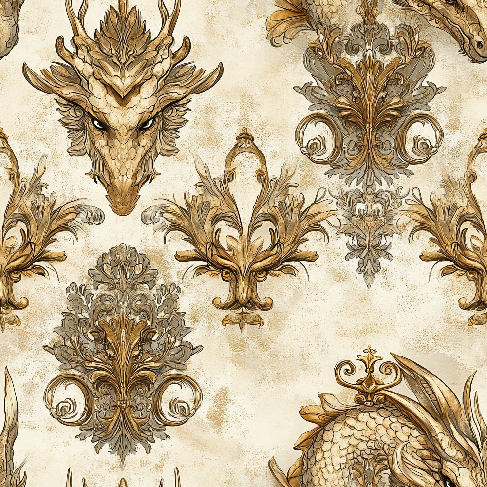beige, cream, golden brown, dragon heads, ornate scrollwork, baroque motifs, decorative flourishes, medieval fantasy, vintage style, detailed lineart, mythical creatures, royal pattern,, fabric panel, antique finish, elaborate design, fantasy theme, ornamental elements, textured background